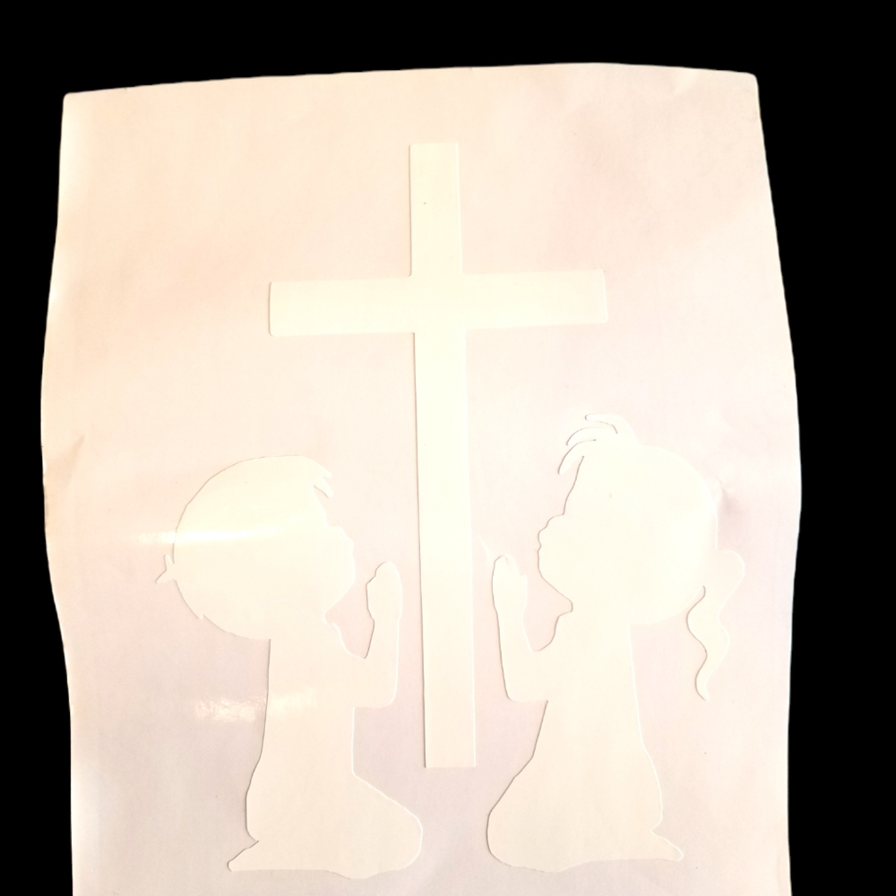 Little Boy & little Girl praying with cross white car decal. 🙌